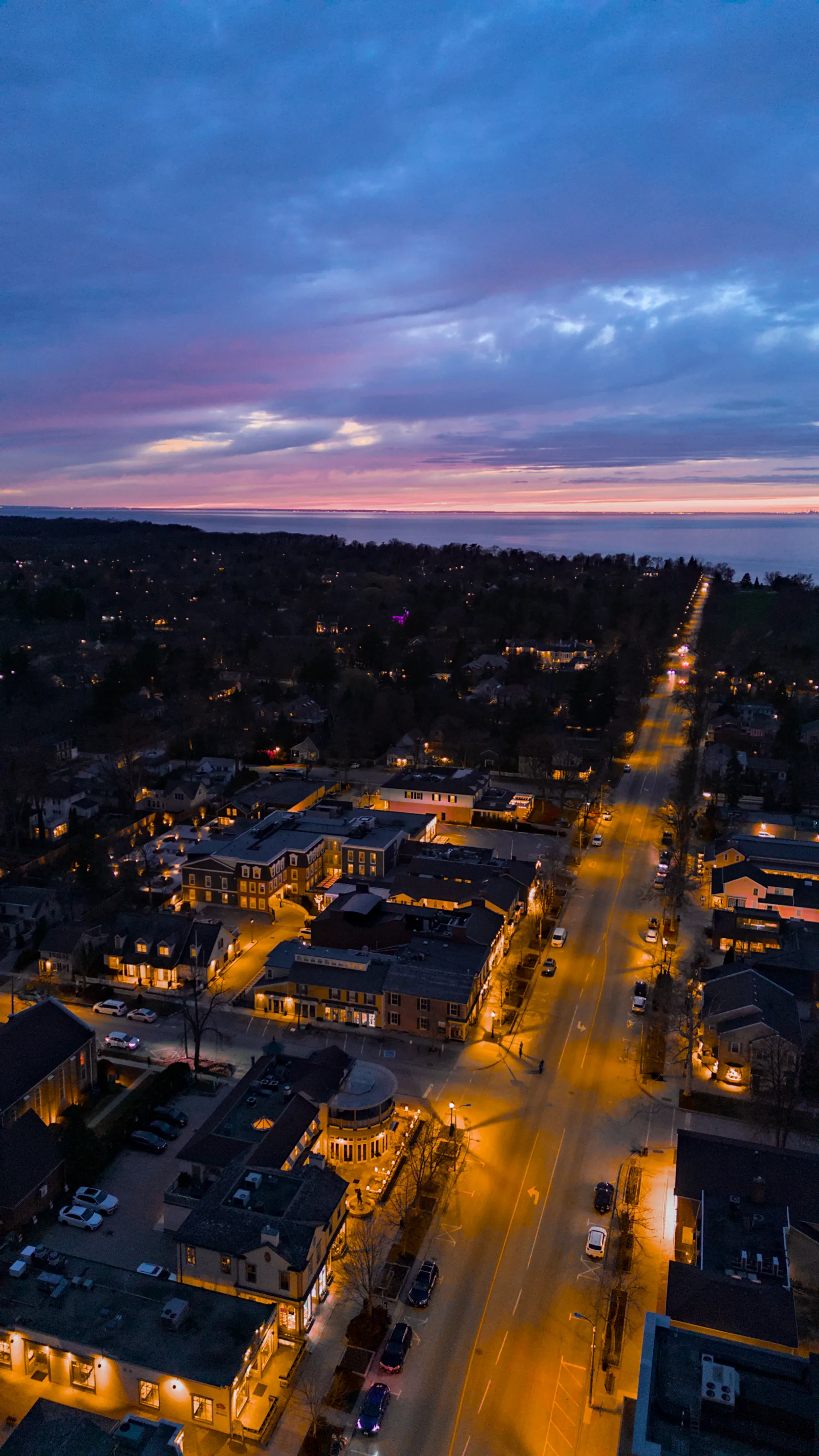 High-resolution aerial still over Toronto captured at blue hour.