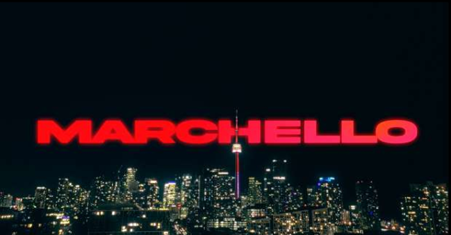 Marchello title over the Toronto skyline at night.